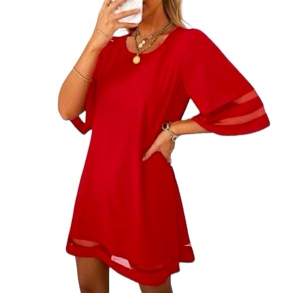 NWOT Women Casual Crewneck Mesh Panel 3/4 Bell Sleeve Loose Tunic Dress - Picture 6 of 6